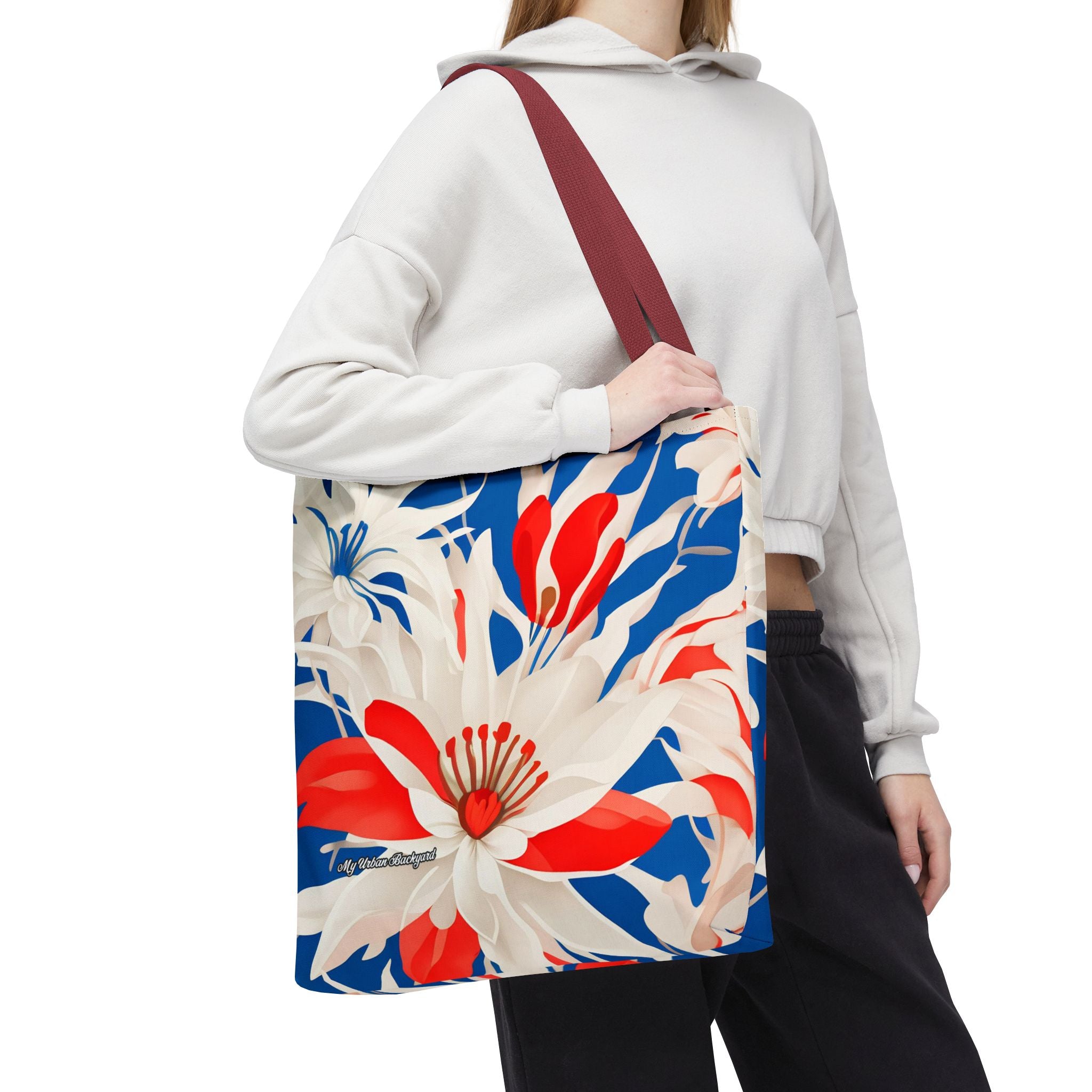 Red White & Blue Flowers Tote Bag with Cotton Handles For Everyday Use, 3 Sizes
