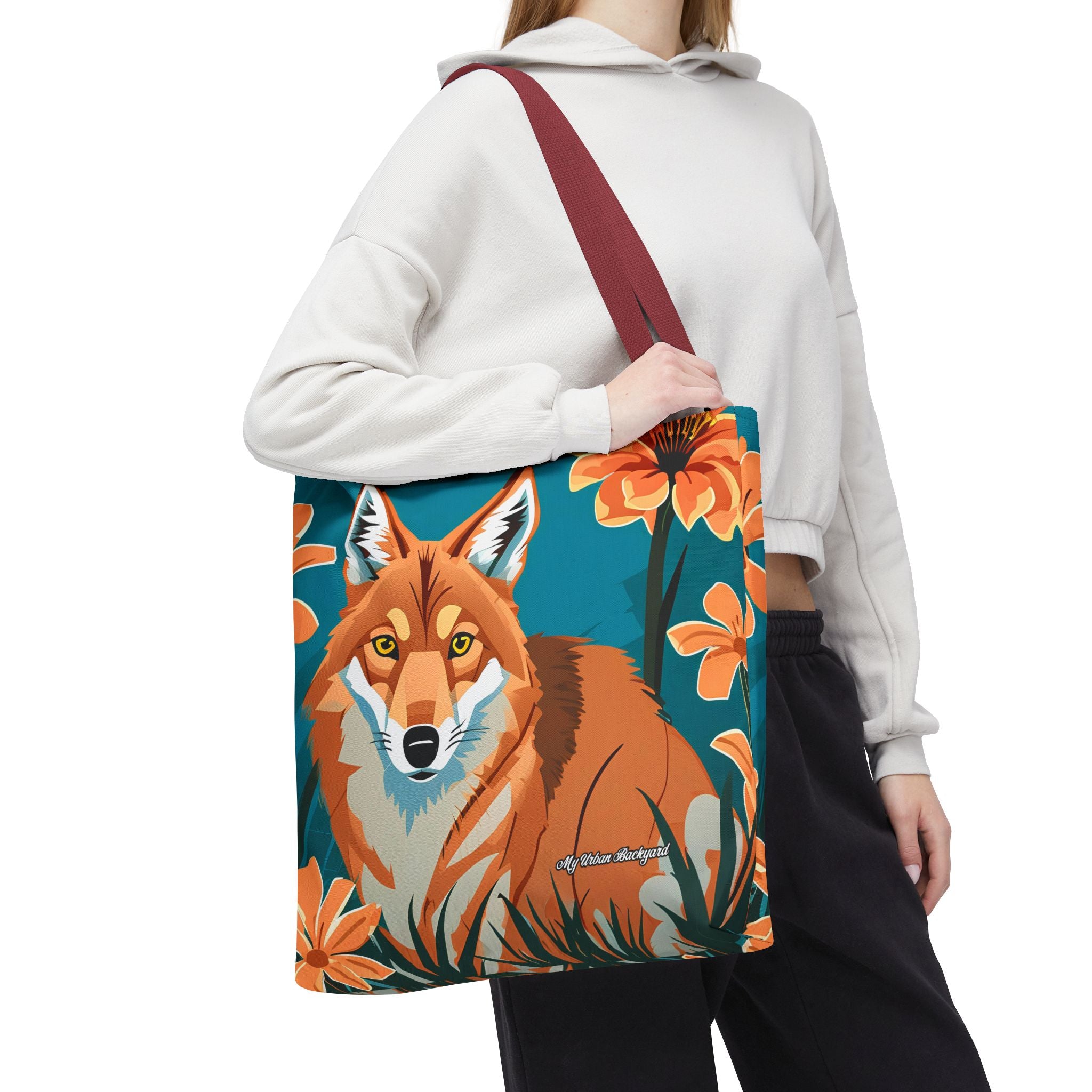Coyote with Flowers Tote Bag with Cotton Handles For Everyday Use, 3 Sizes