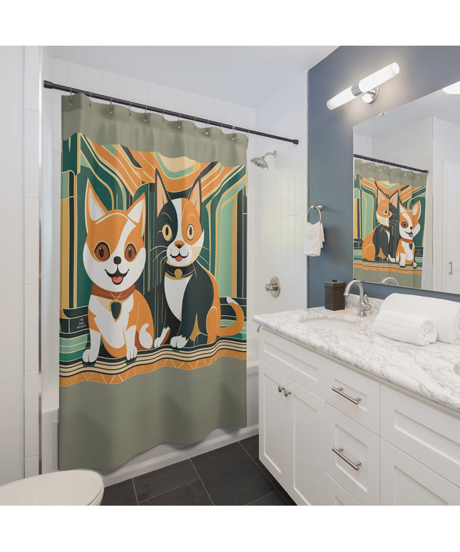 Two Kitties, Shower Curtain, Sage accent color - 71" x 74"