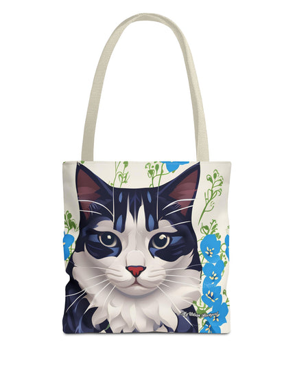 Cat and Blue Flowers Tote Bag with Cotton Handles For Everyday Use, 3 Sizes