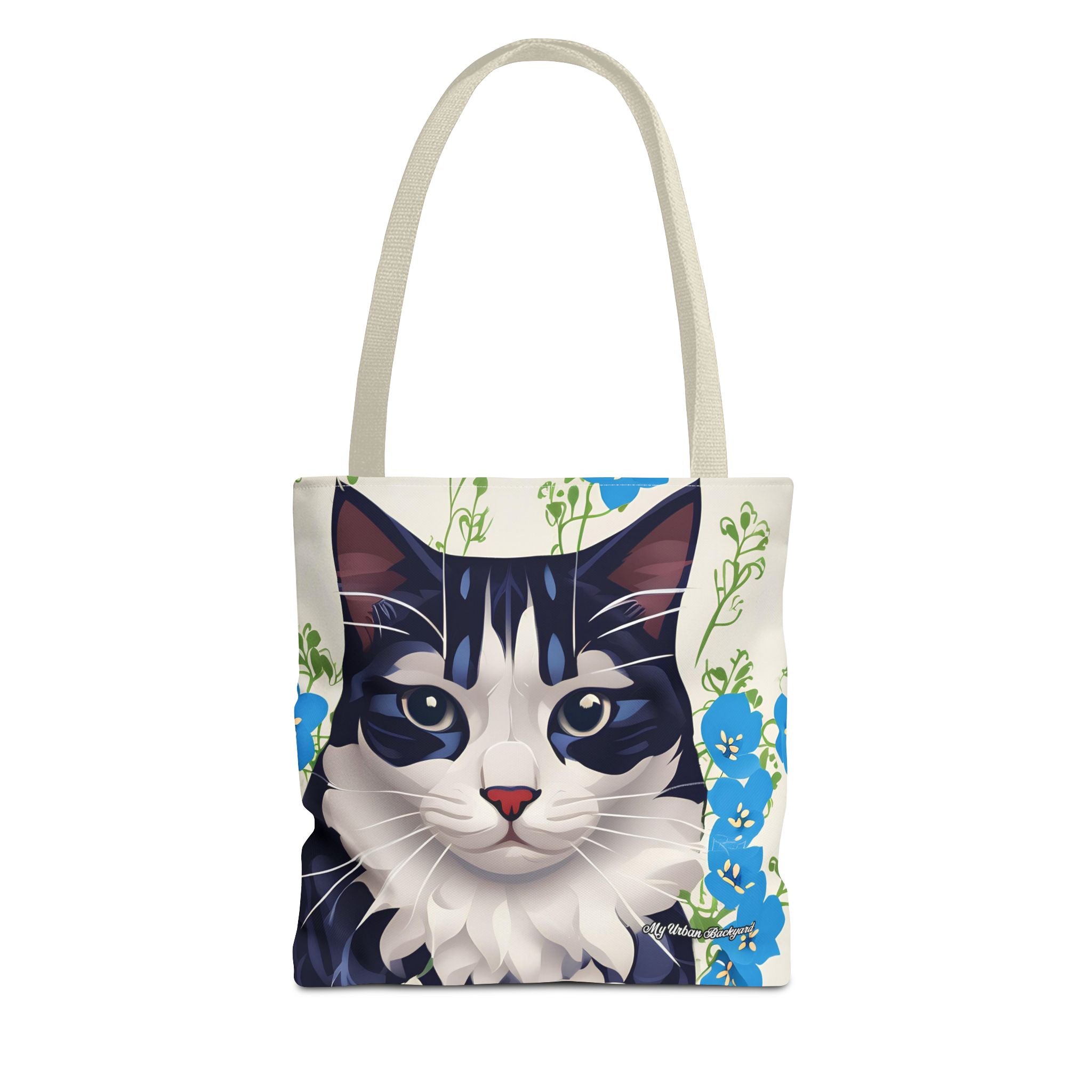 Cat and Blue Flowers Tote Bag with Cotton Handles For Everyday Use, 3 Sizes