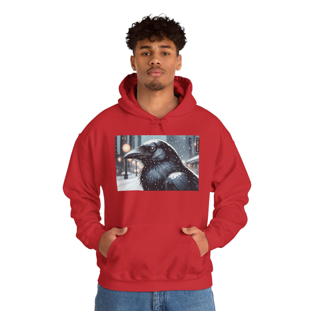 Urban Crow In Falling Snow Hoodie — Comfy Winter Graphic Hoodie