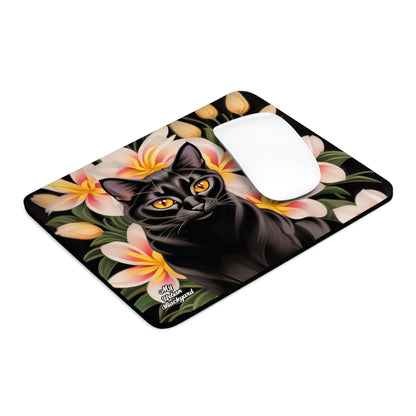 Silky Black Cat with Flowers, Computer Mouse Pad - for Home or Office