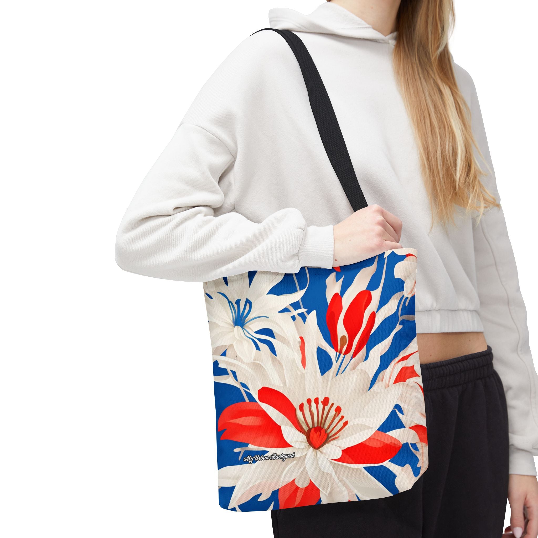 Red White & Blue Flowers Tote Bag with Cotton Handles For Everyday Use, 3 Sizes