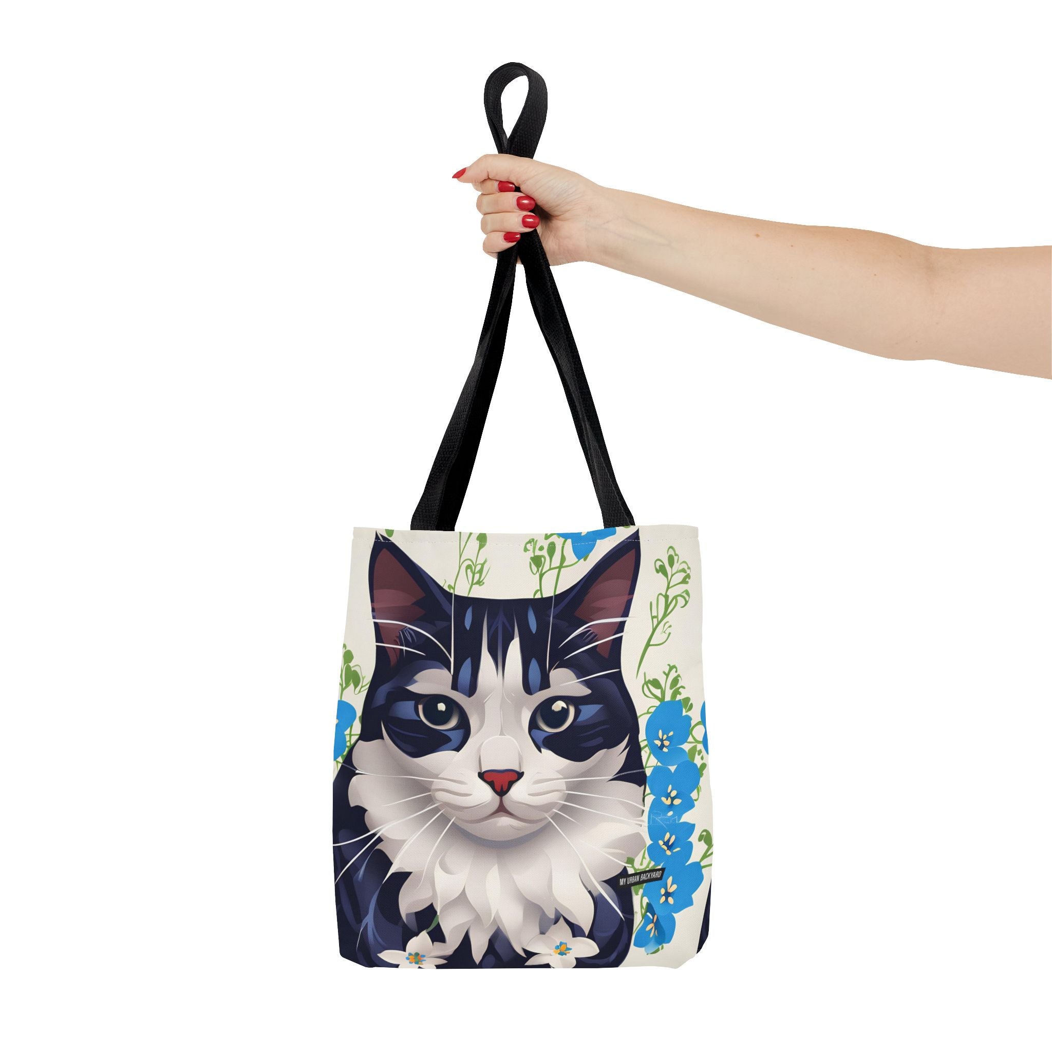 Cat and Blue Flowers, Tote Bag with Cotton Handles