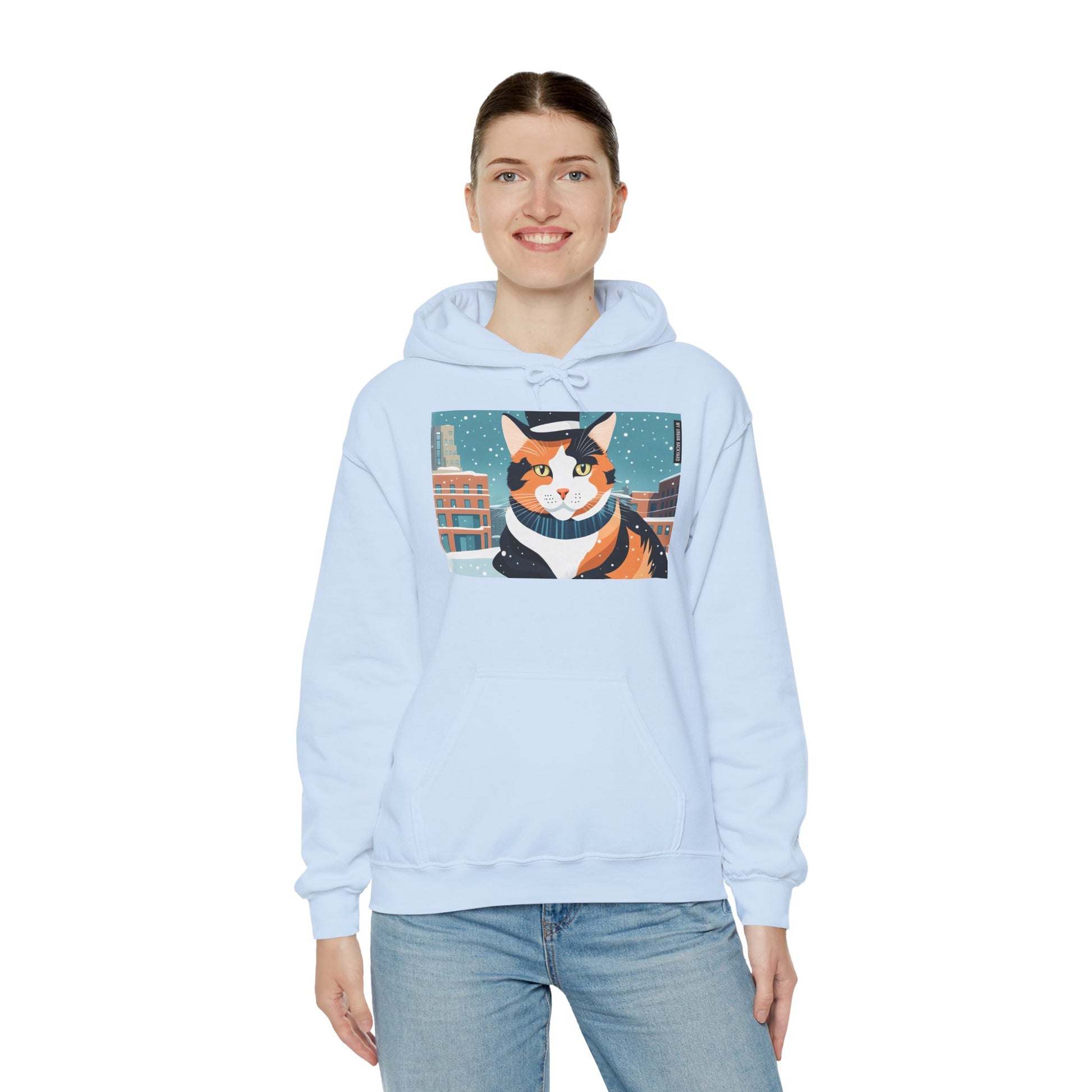 Calico Cat in Snow Hoodie — Cozy Winter Cat Lover Sweatshirt