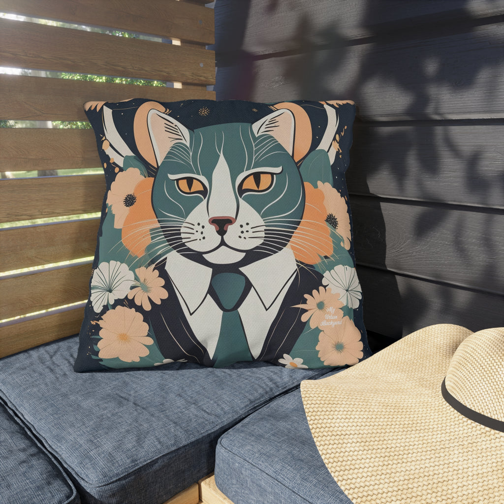 Simon Whiskerford, Faded Jade accent color, Cat Throw Pillow, Indoor/Outdoor Decor for Home or Office