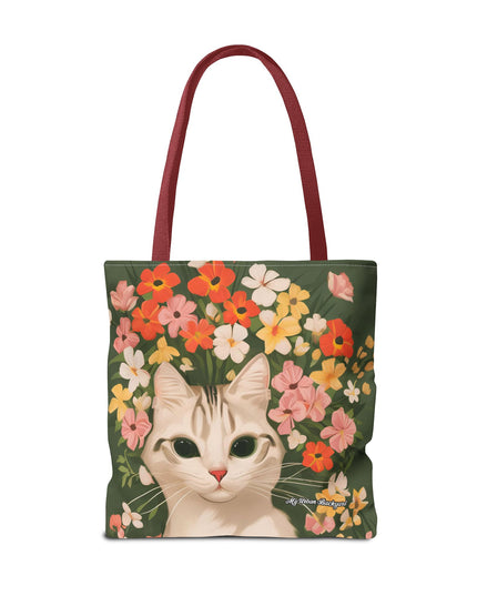 White Cat with Flowers Tote Bag with Cotton Handles For Everyday Use, 3 Sizes
