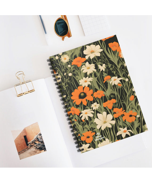 Orange and White Flowers, Spiral Notebook Writing Journal - 118 Ruled Pages