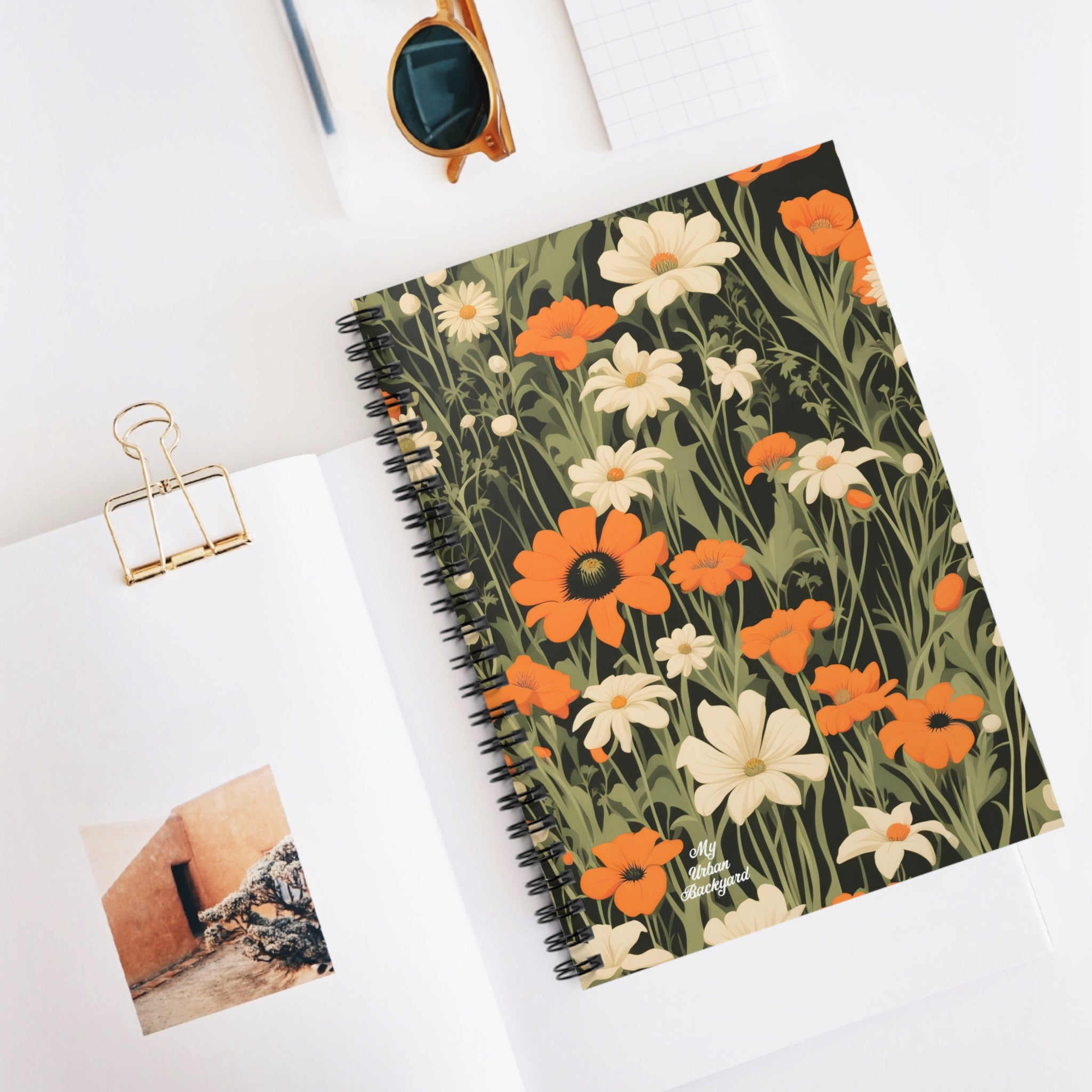Orange and White Flowers, Spiral Notebook Writing Journal - 118 Ruled Pages