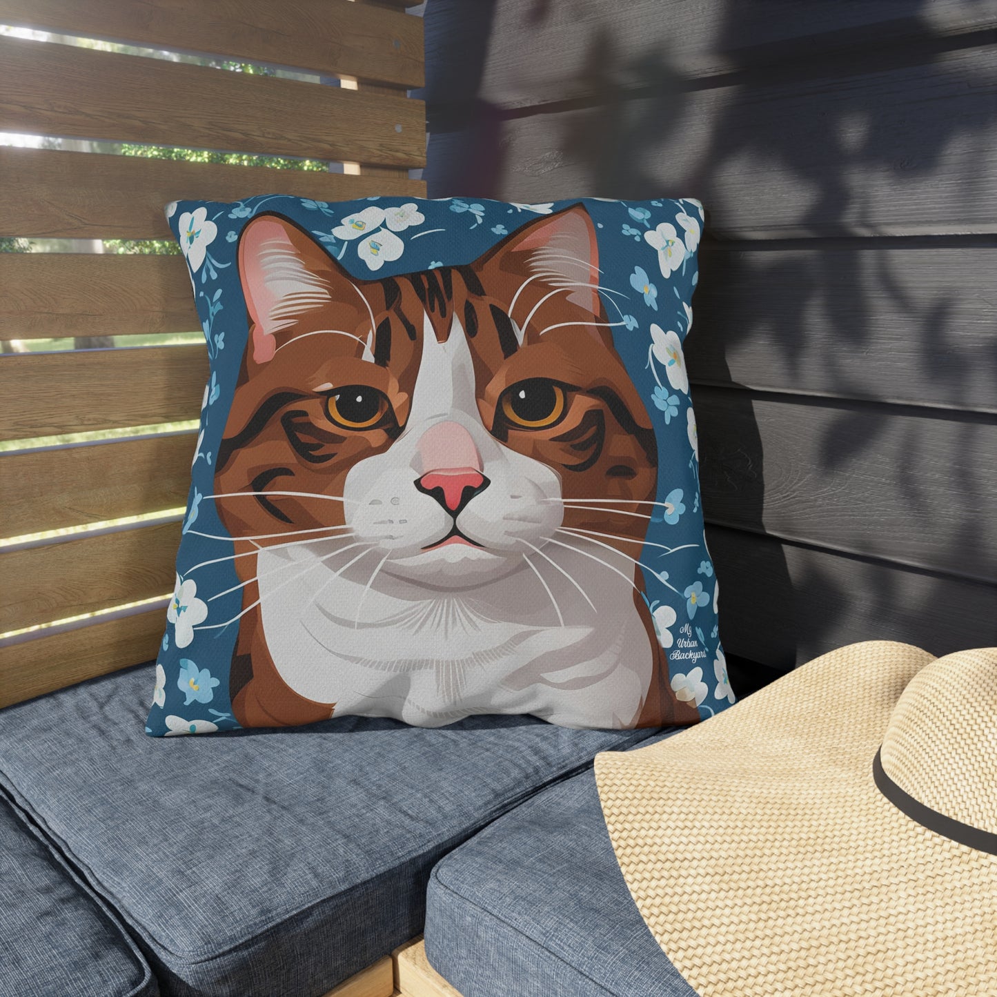 Orange Cat and Flowers, Sable accent color, Indoor/Outdoor Throw Pillow Decor for Patio or Office