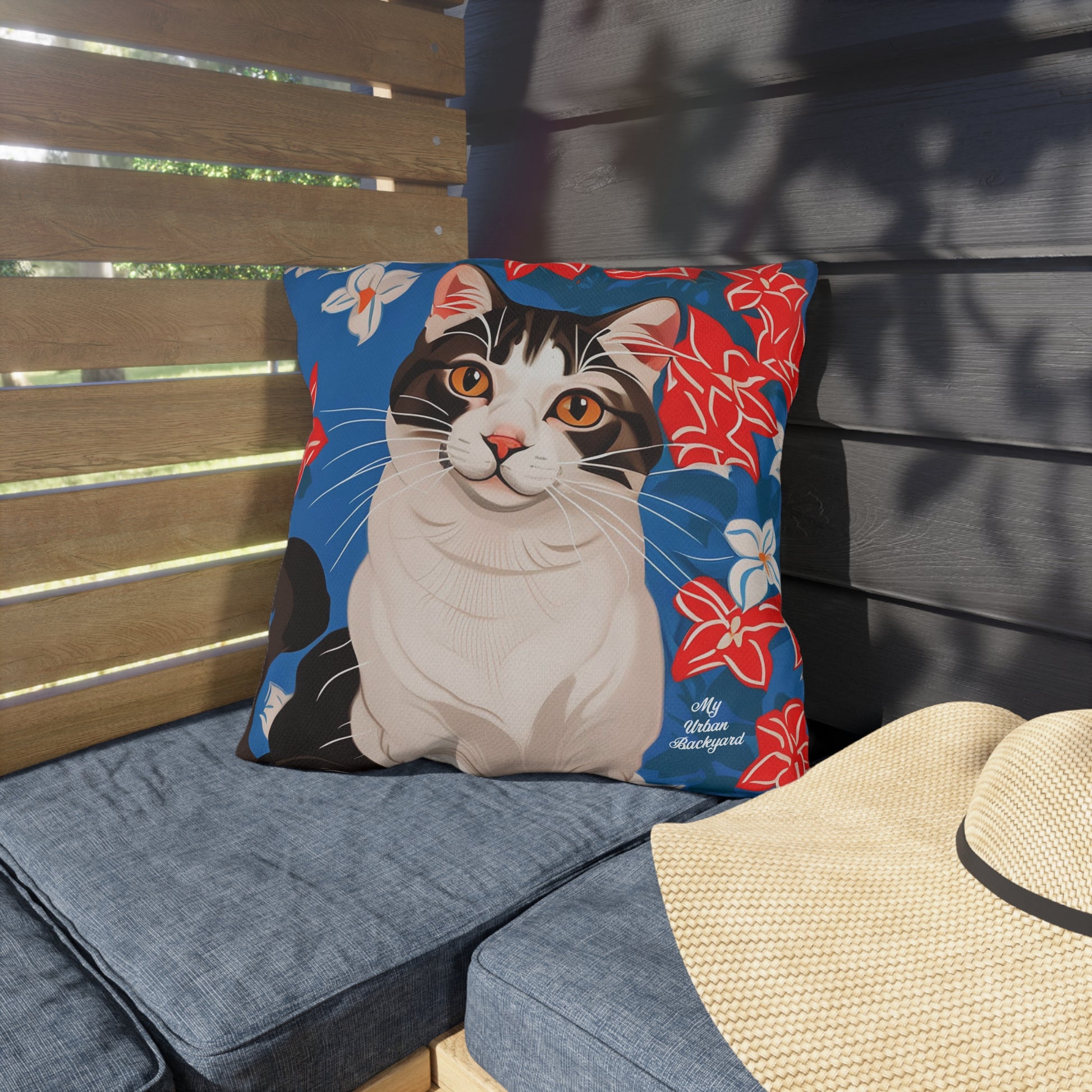 Cat w Red White + Blue Flowers, Taupe accent color, Throw Pillow, Indoor/Outdoor Decor for Home or Office