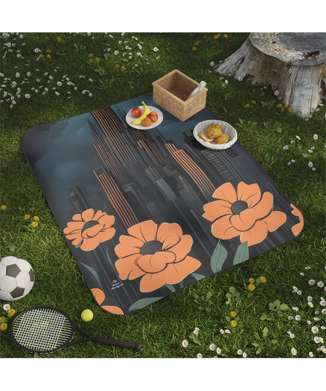 Art Deco Building and Flowers, Outdoor Picnic Blanket with Soft Fleece Top, Water-Resistant Bottom, 51" × 61"