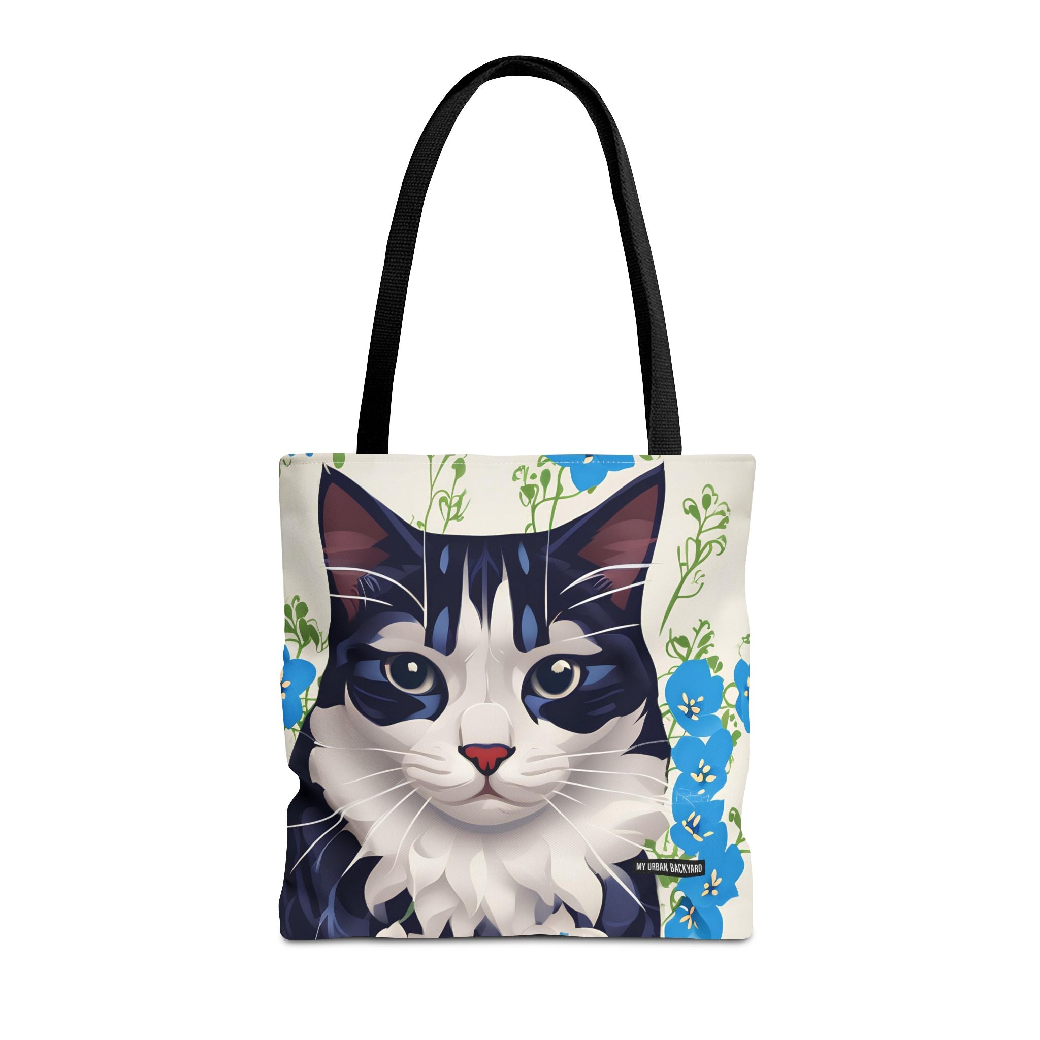 Cat and Blue Flowers, Tote Bag with Cotton Handles