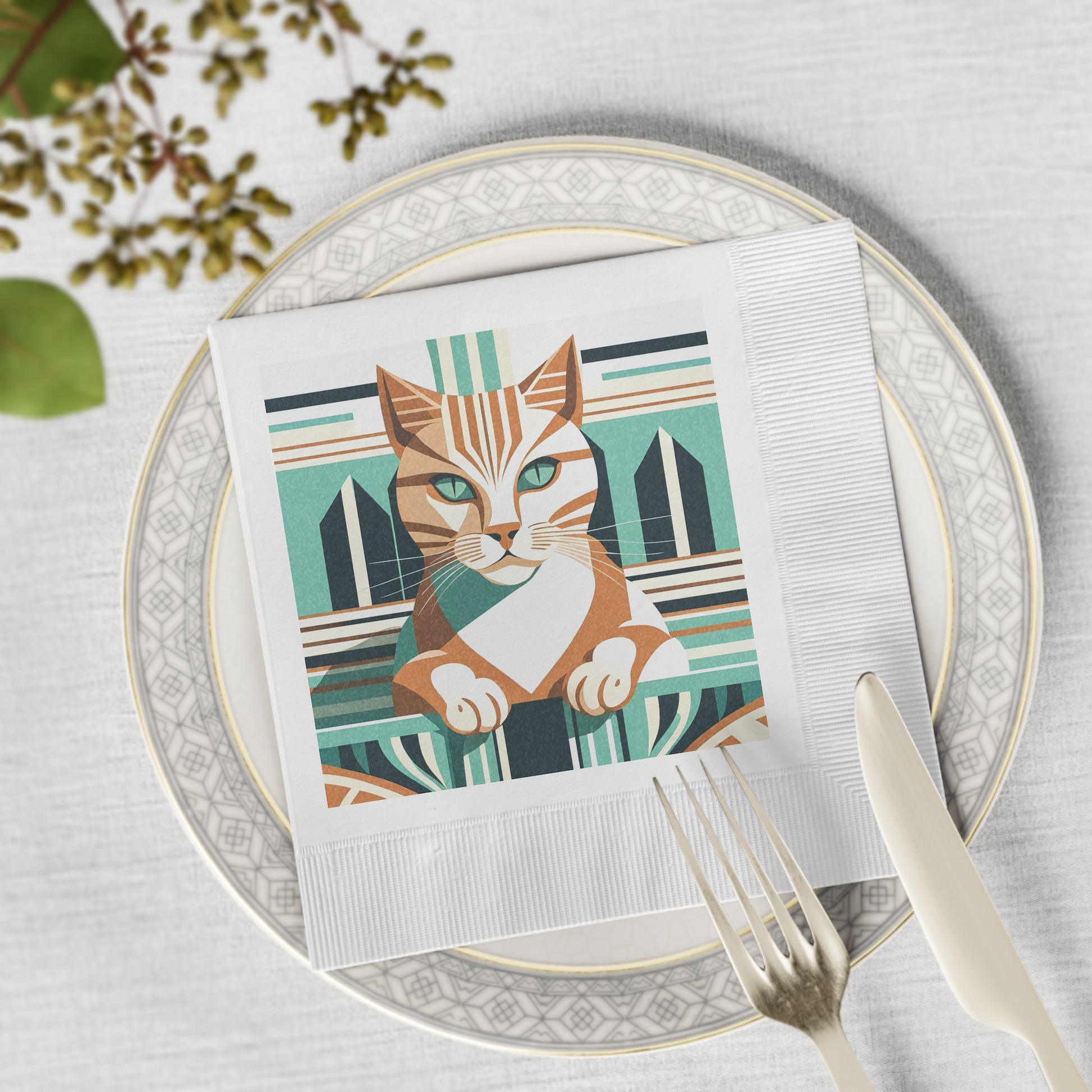 Art Deco Tabby Cat Cocktail Napkins - Retro Geometric Cat Design, 2 sizes, Pack of 50 or 100