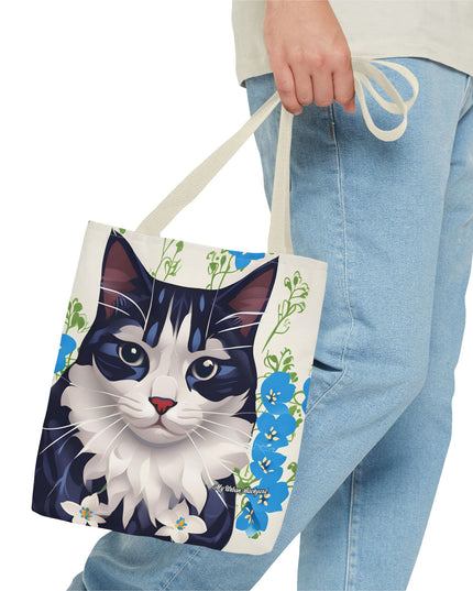 Cat and Blue Flowers Tote Bag with Cotton Handles For Everyday Use, 3 Sizes