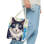 Cat and Blue Flowers Tote Bag with Cotton Handles For Everyday Use, 3 Sizes