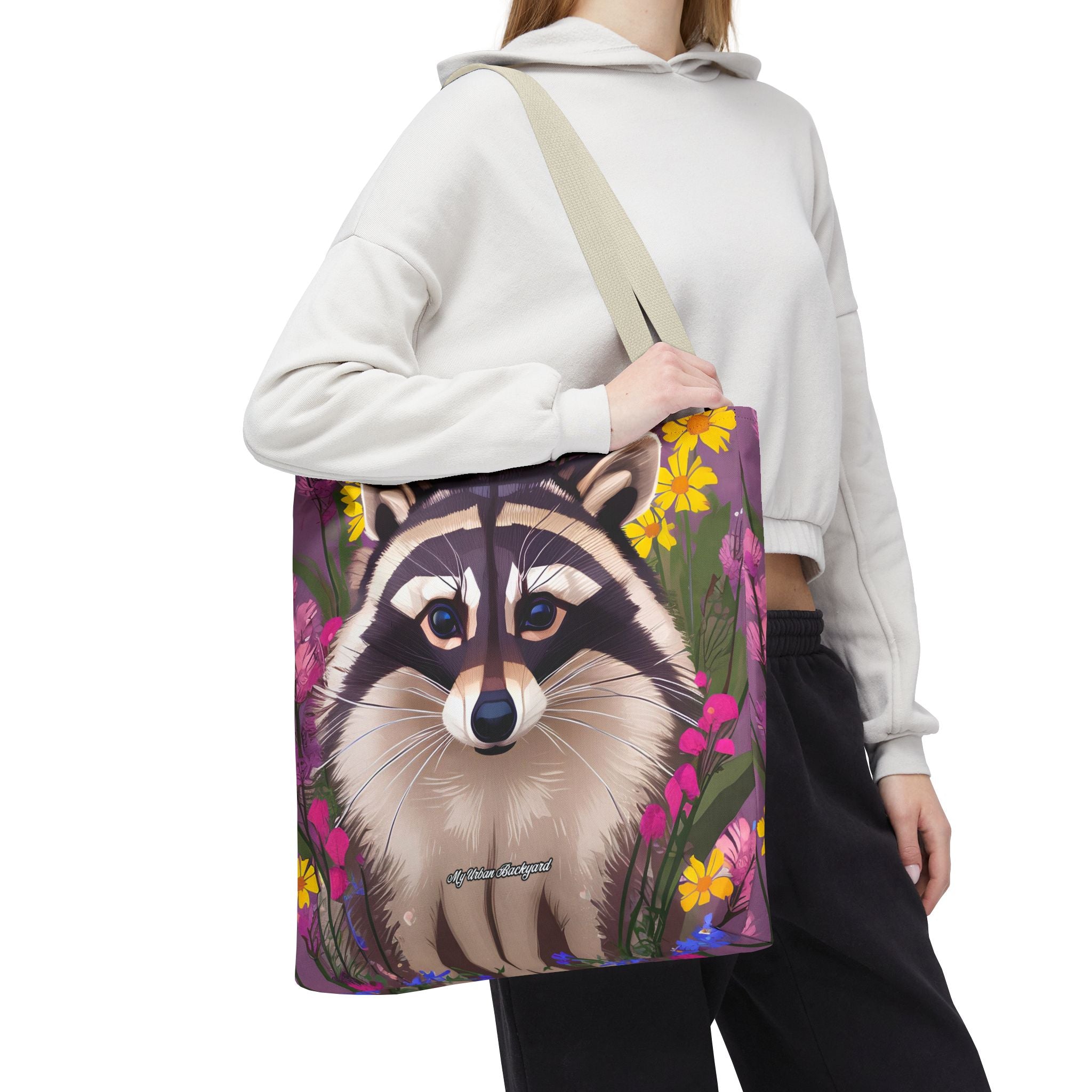 Raccoon and Flowers Tote Bag with Cotton Handles For Everyday Use, 3 Sizes