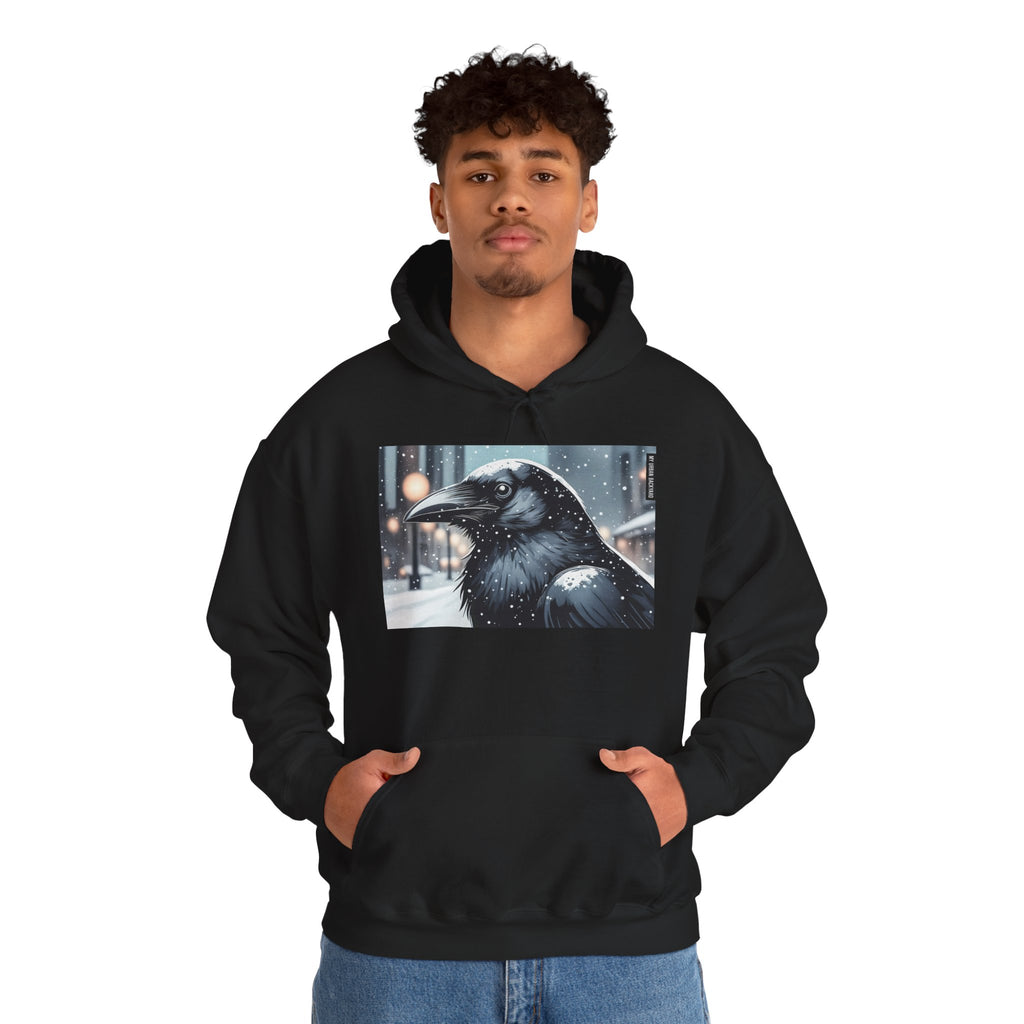 Urban Crow In Falling Snow Hoodie — Comfy Winter Graphic Hoodie