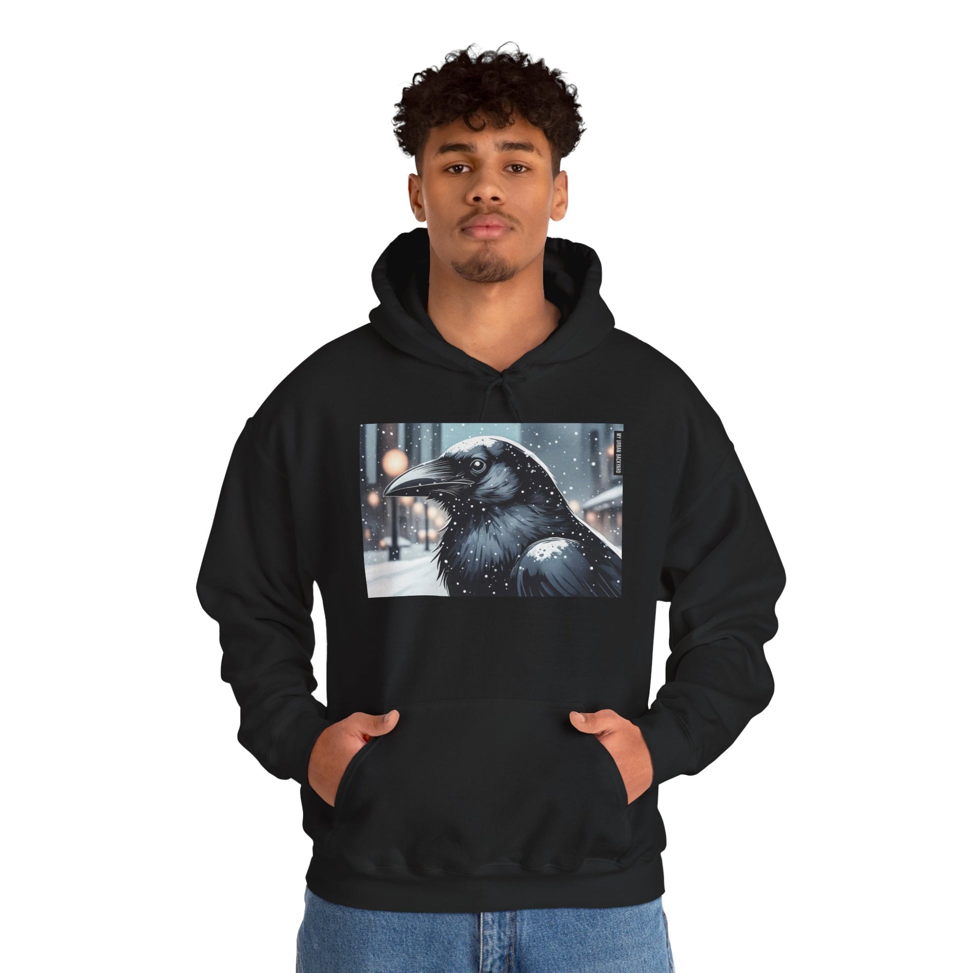 Urban Crow In Falling Snow Hoodie — Comfy Winter Graphic Hoodie