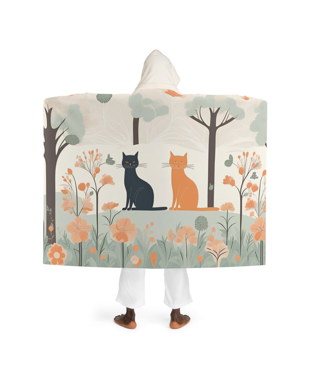 Black Cat and Orange Cat with Flowers, Cozy Hooded Sherpa Fleece Blanket