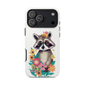 Phone case with a raccoon design and floral elements on a white background