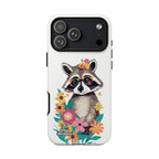 Phone case with a raccoon design and floral elements on a white background