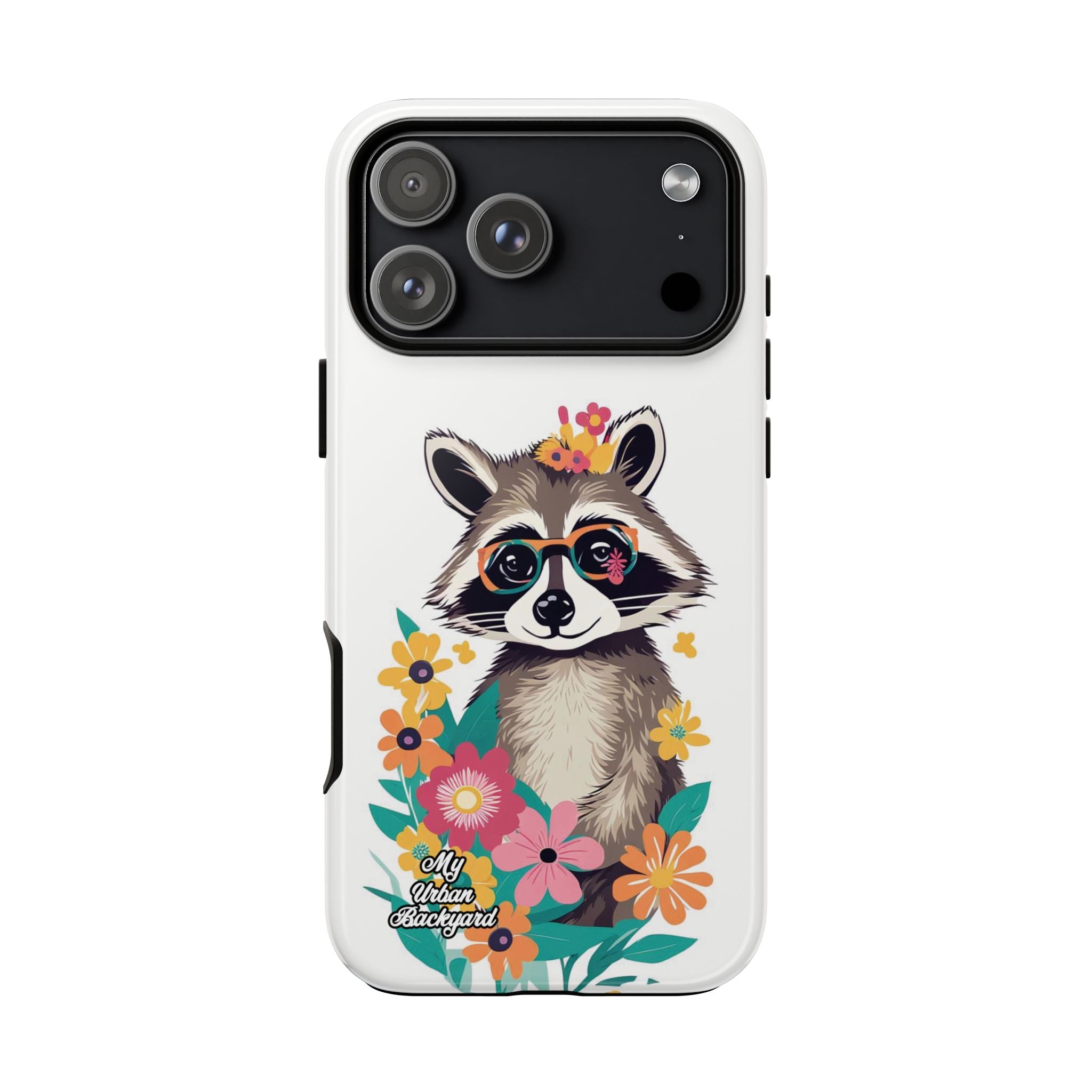 Phone case with a raccoon design and floral elements on a white background