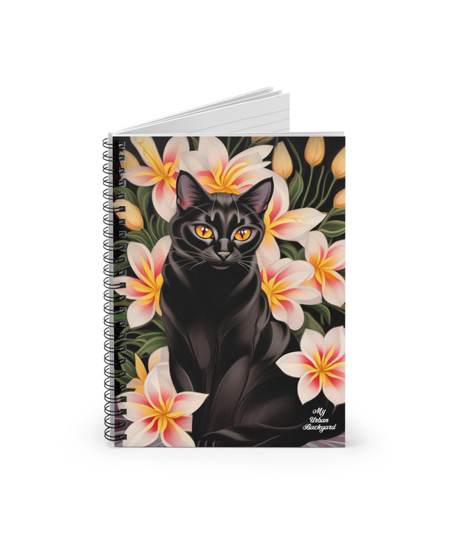 Silky Black Cat with Flowers, Spiral Notebook Journal - Write in Style