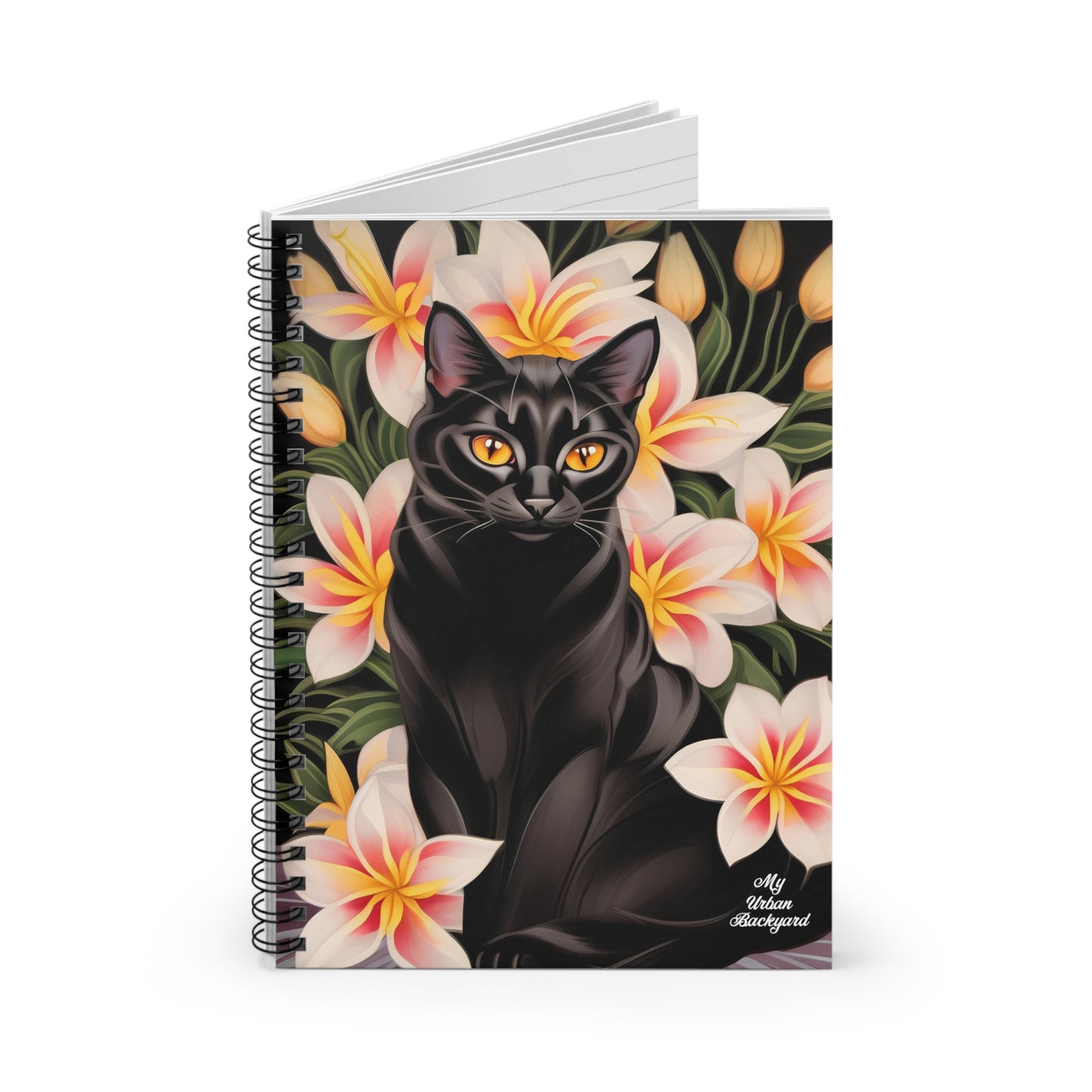 Silky Black Cat with Flowers, Spiral Notebook Journal - Write in Style