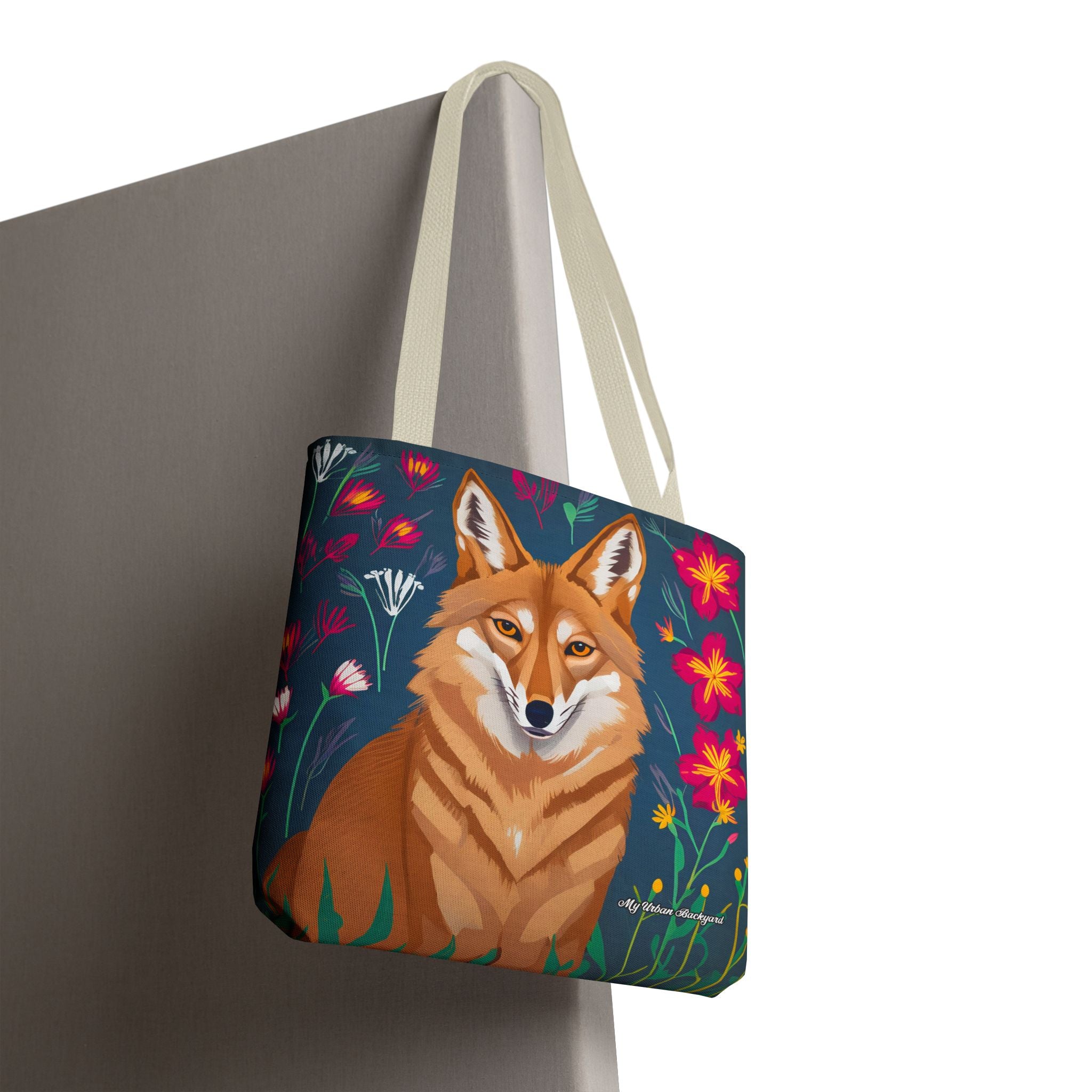 Coyote w Red Flowers Tote Bag with Cotton Handles For Everyday Use, 3 Sizes