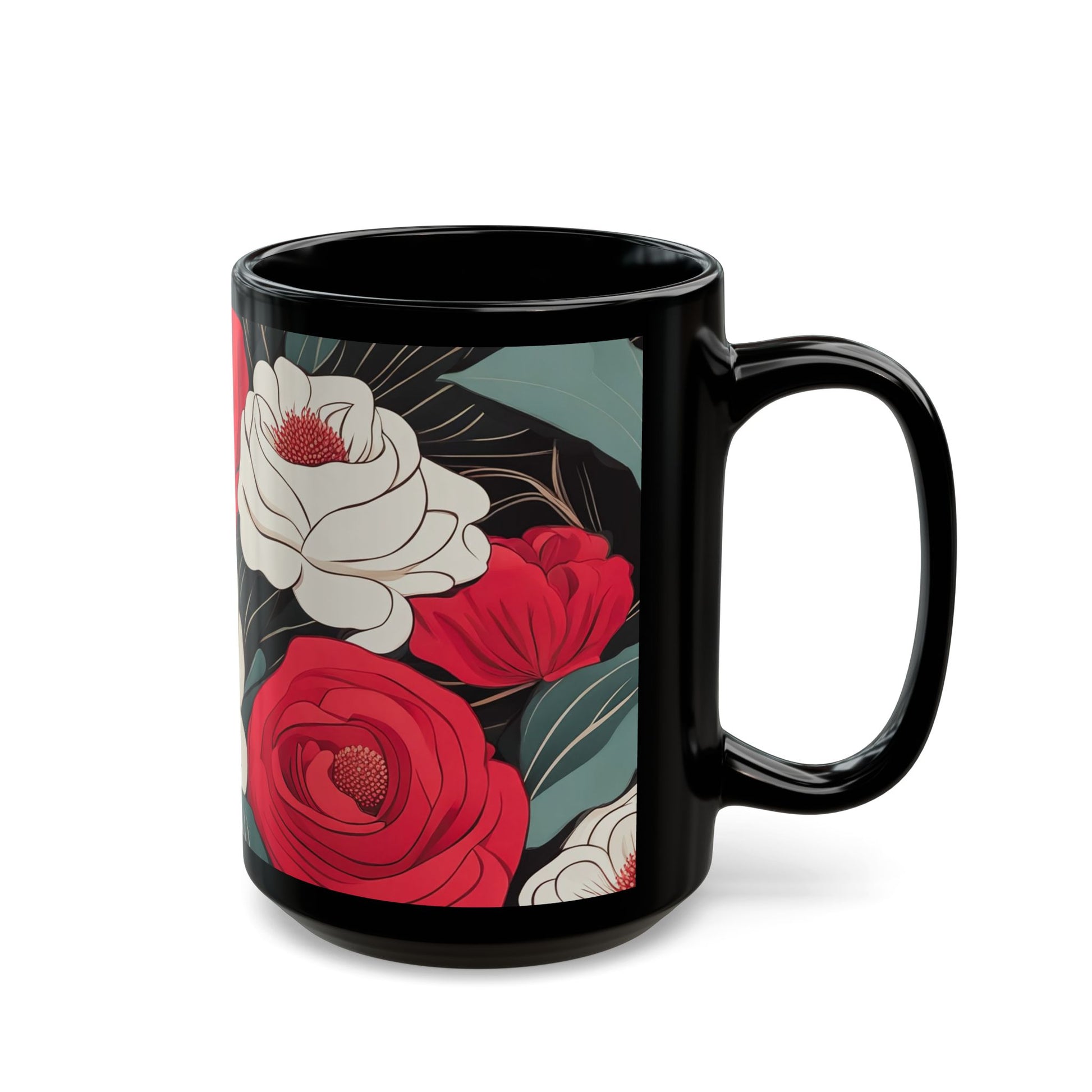 Floral Black Mug - Perfect for Coffee Lovers, Gift for Her, Home Decor, Botanical Design, Floral Coffee Cup