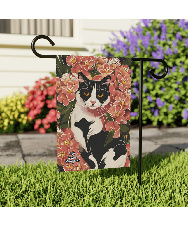 Black & White Cat in Flowers, Garden Flag for Yard, Patio, Porch, or Work, 12"x18" - Flag only