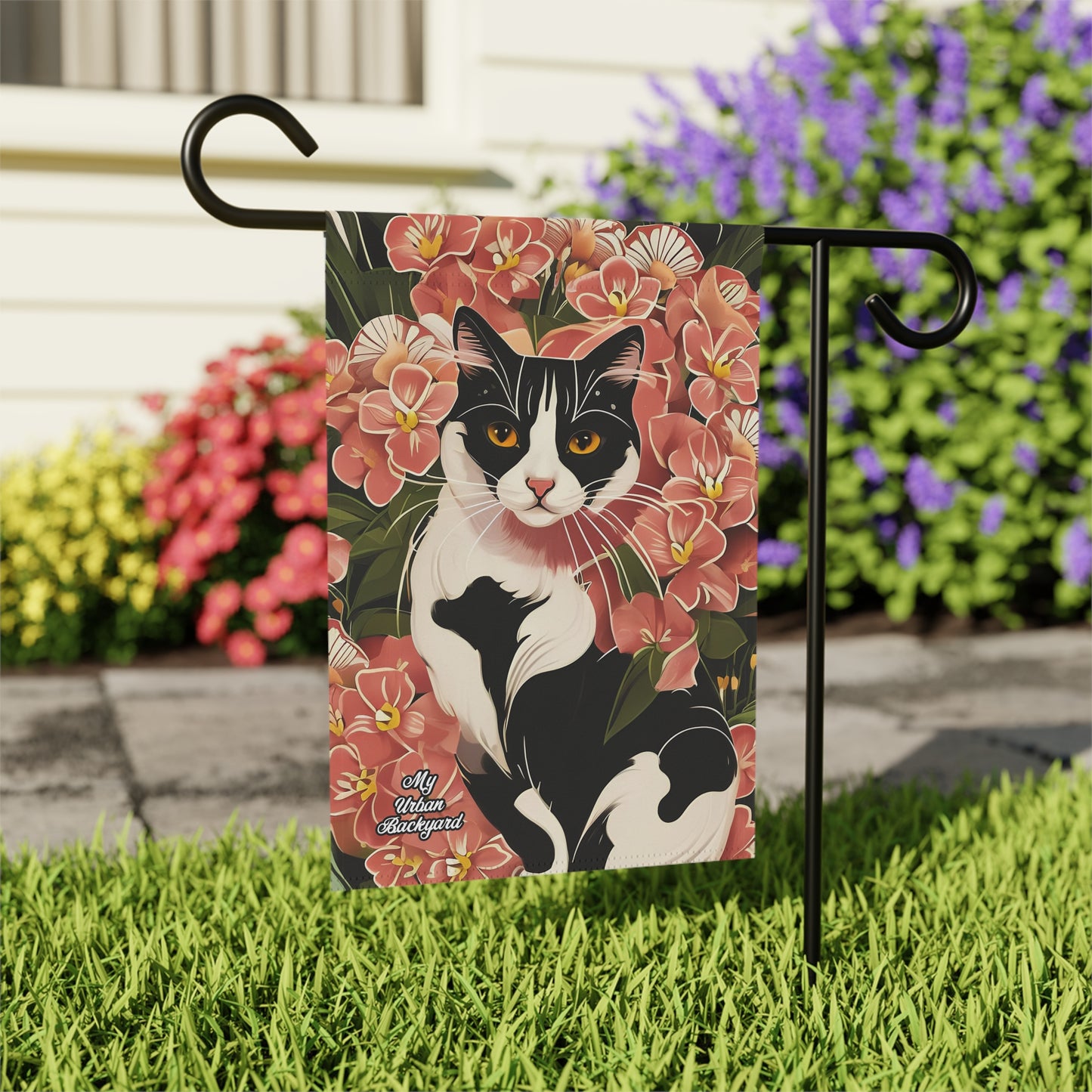 Black & White Cat in Flowers, Garden Flag for Yard, Patio, Porch, or Work, 12"x18" - Flag only