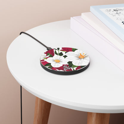 Wireless Cell Phone Charger for iPhone or Android - White Flowers on Red
