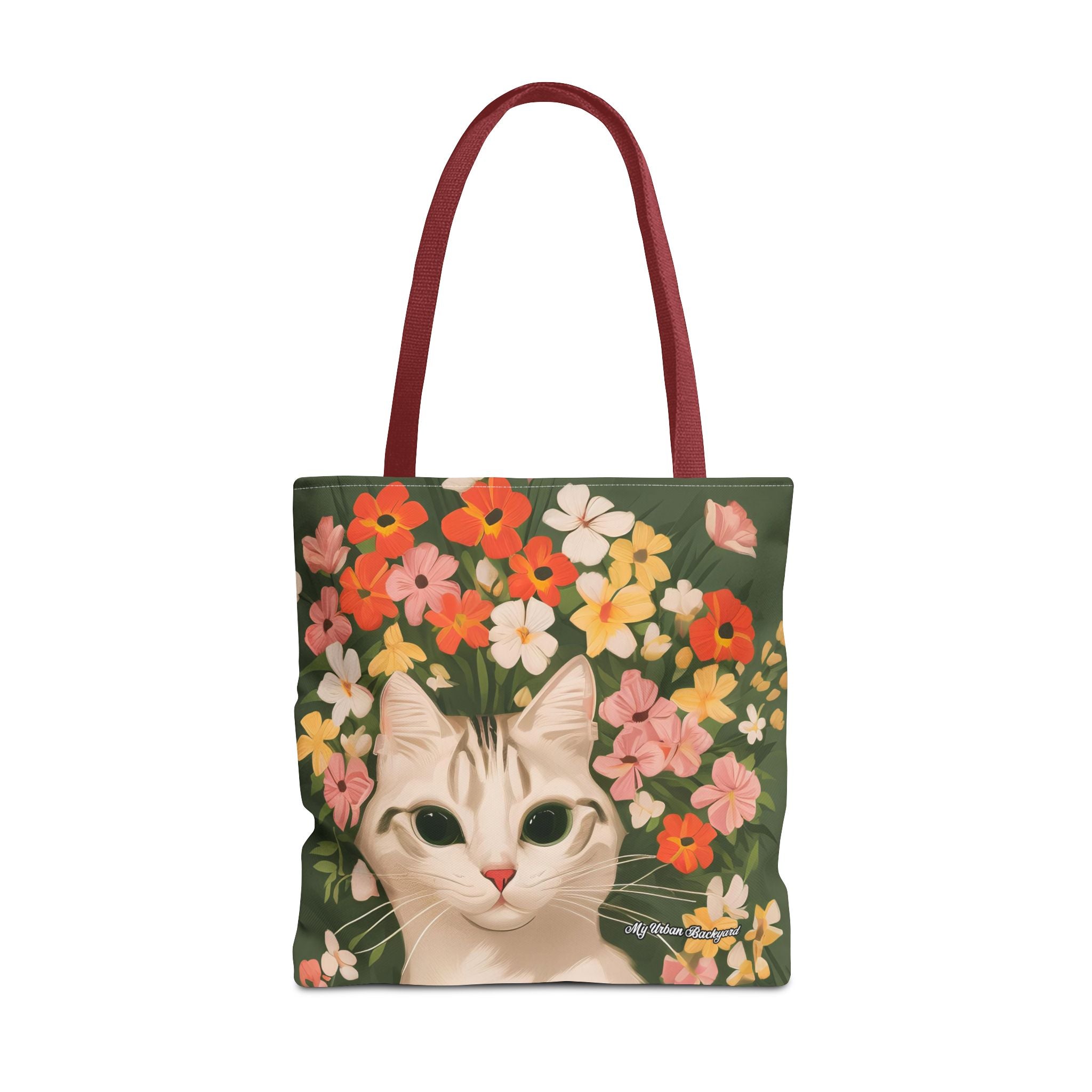 White Cat with Flowers Tote Bag with Cotton Handles For Everyday Use, 3 Sizes