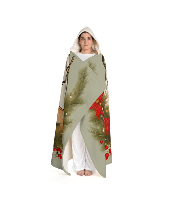 Deer with Evergreen Foliage, Cozy Hooded Sherpa Fleece Blanket