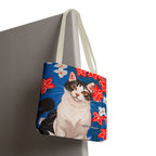 Cat with Red and White Flowers, Tote Bag with Cotton Handles For Everyday Use, 3 Sizes