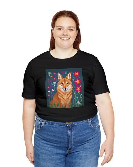 Coyote w Red Flowers, Soft 100% Jersey Cotton T-Shirt, Unisex, Short Sleeve, Retail Fit