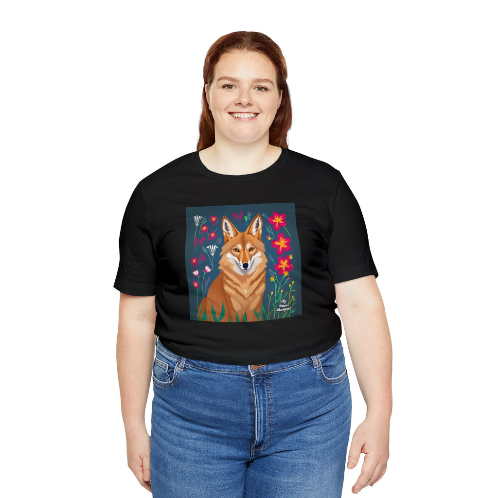 Coyote w Red Flowers, Soft 100% Jersey Cotton T-Shirt, Unisex, Short Sleeve, Retail Fit