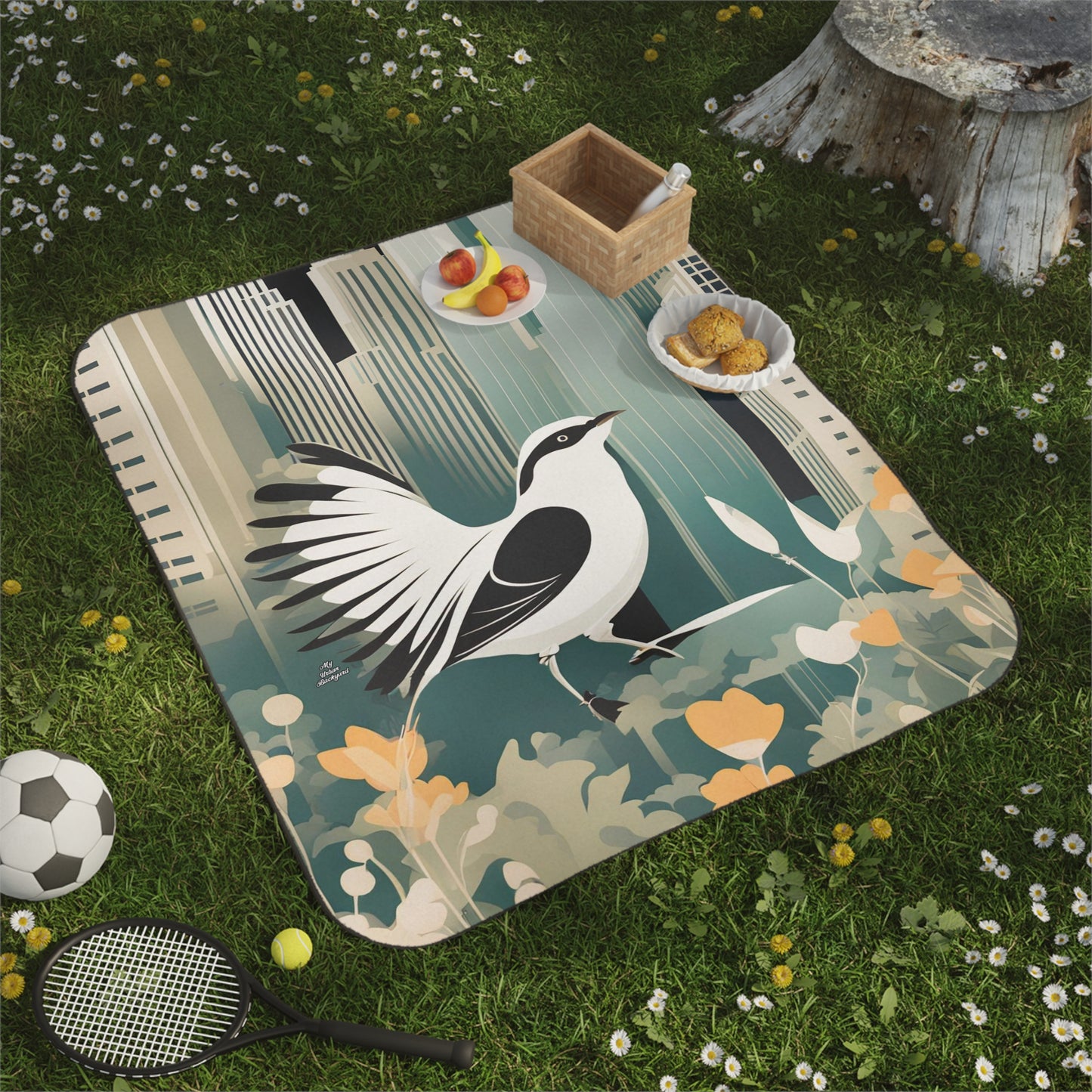 Outdoor Picnic Blanket with Soft Fleece Top and Water-Resistant Bottom - City Bird