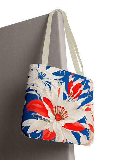 Red White & Blue Flowers Tote Bag with Cotton Handles For Everyday Use, 3 Sizes