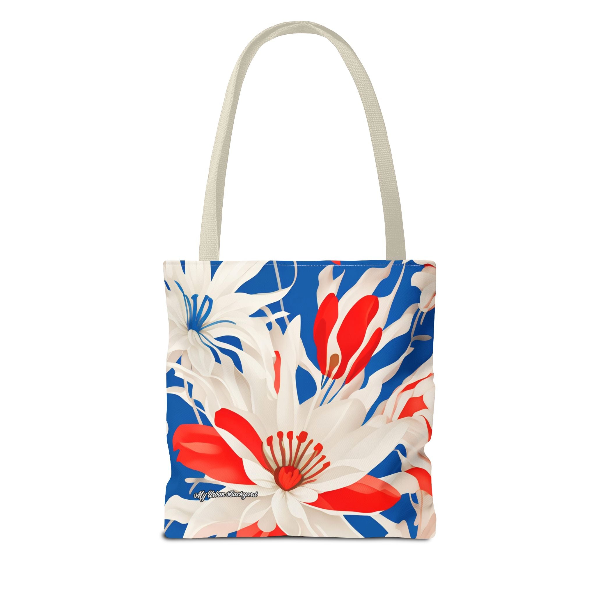 Red White & Blue Flowers Tote Bag with Cotton Handles For Everyday Use, 3 Sizes