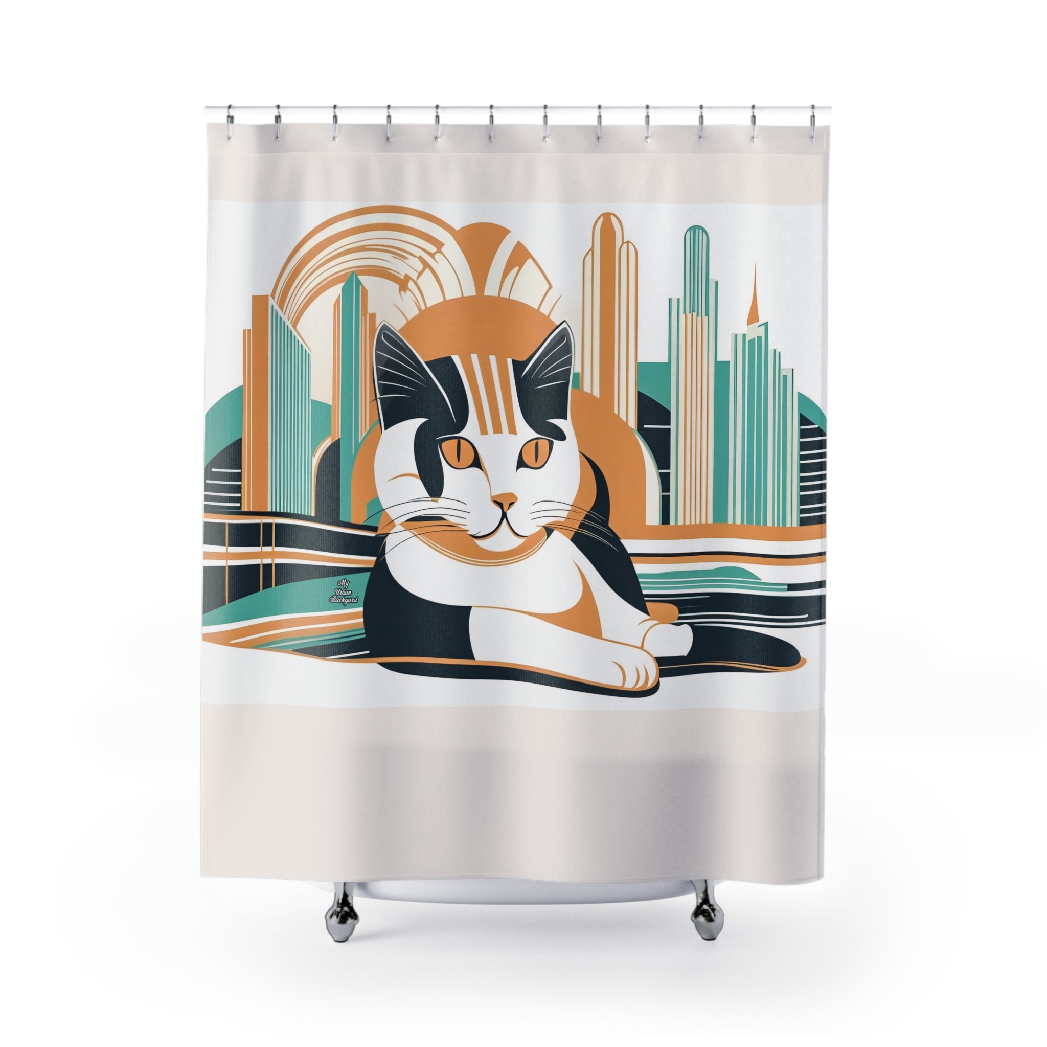 Cream Shower Curtain with Art Deco Cat - 71" x 74"
