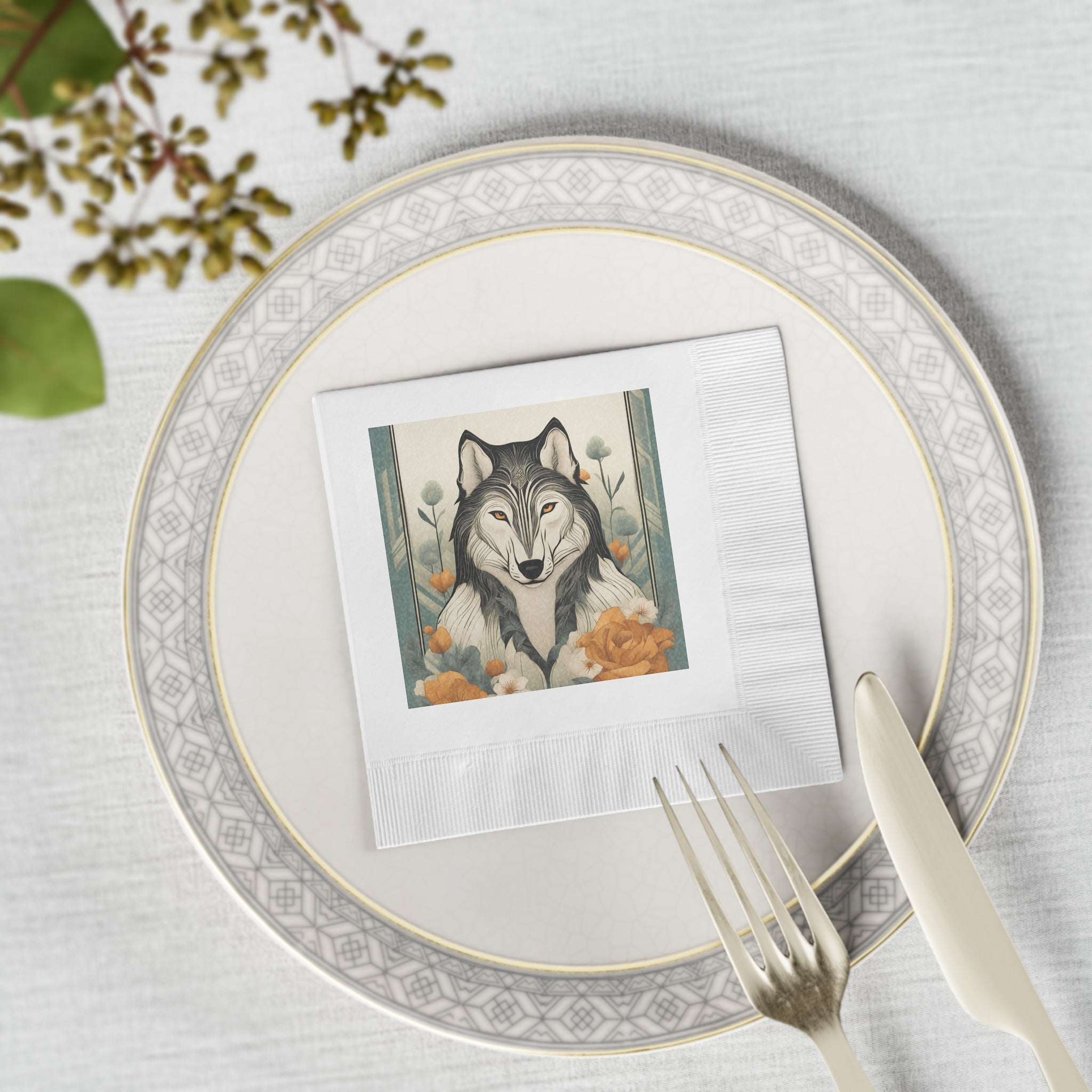 Orange-Eyed Wolf Floral Napkins