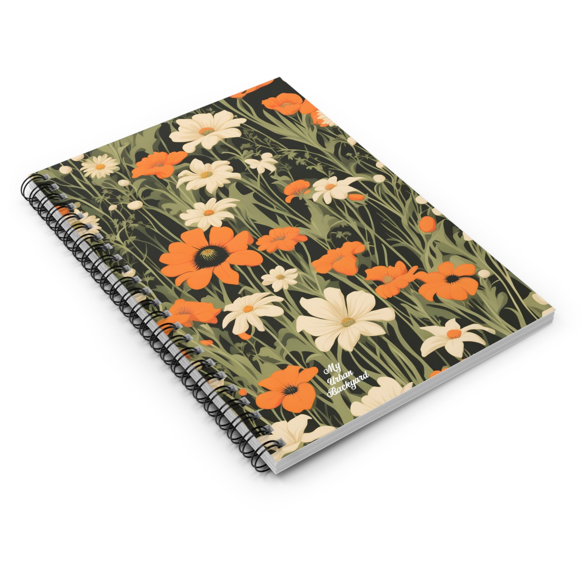 Orange and White Flowers, Spiral Notebook Writing Journal - 118 Ruled Pages