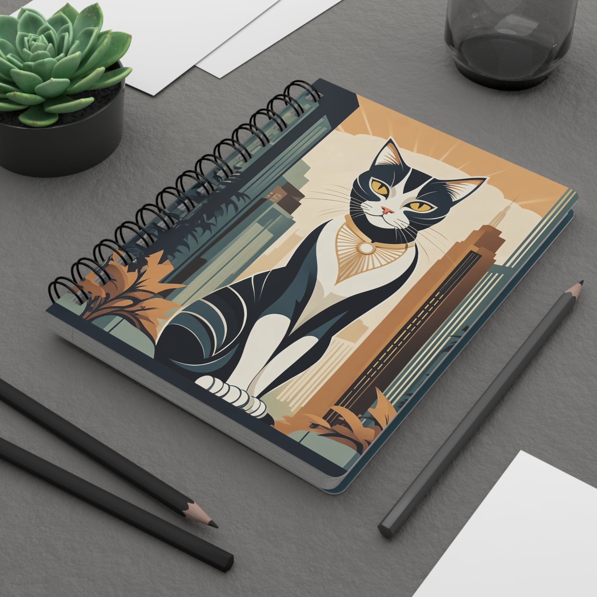 Art Deco City Cat Spiral Journal