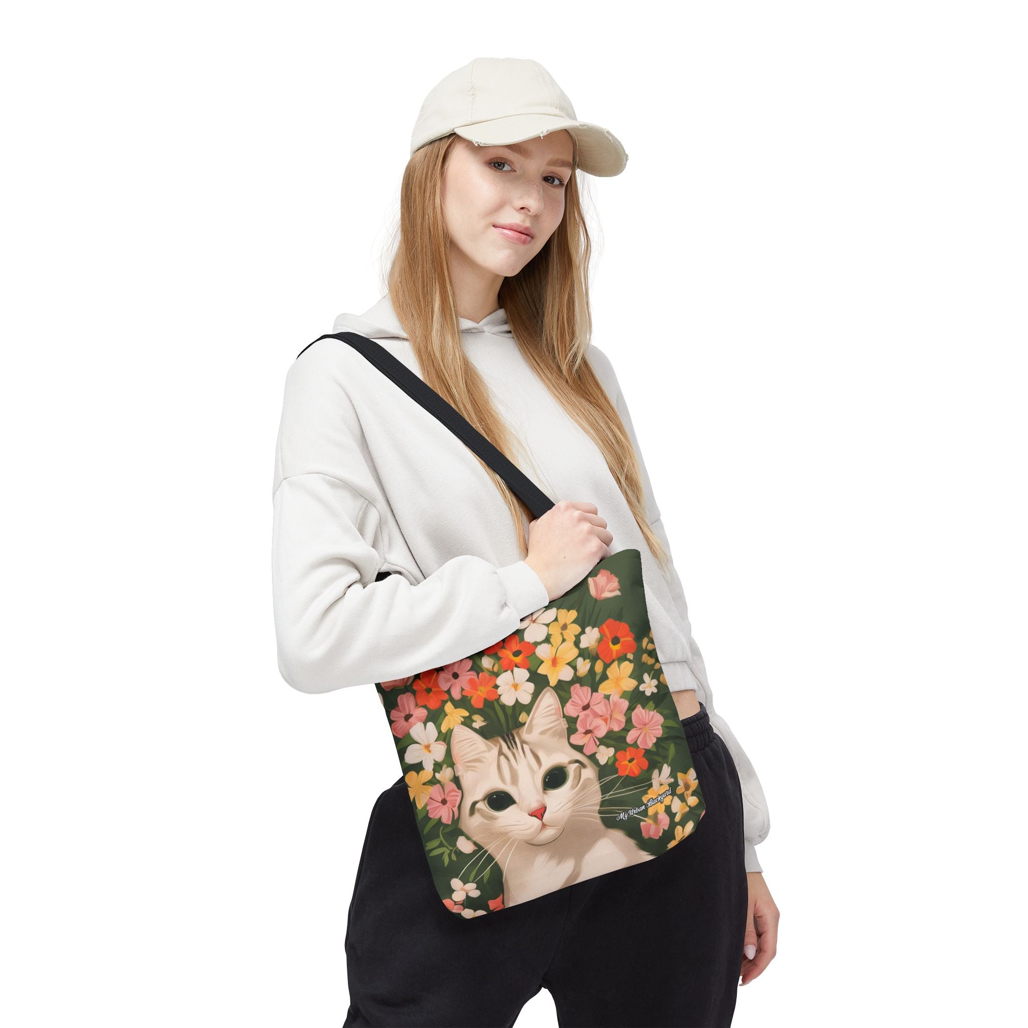White Cat with Flowers Tote Bag with Cotton Handles For Everyday Use, 3 Sizes