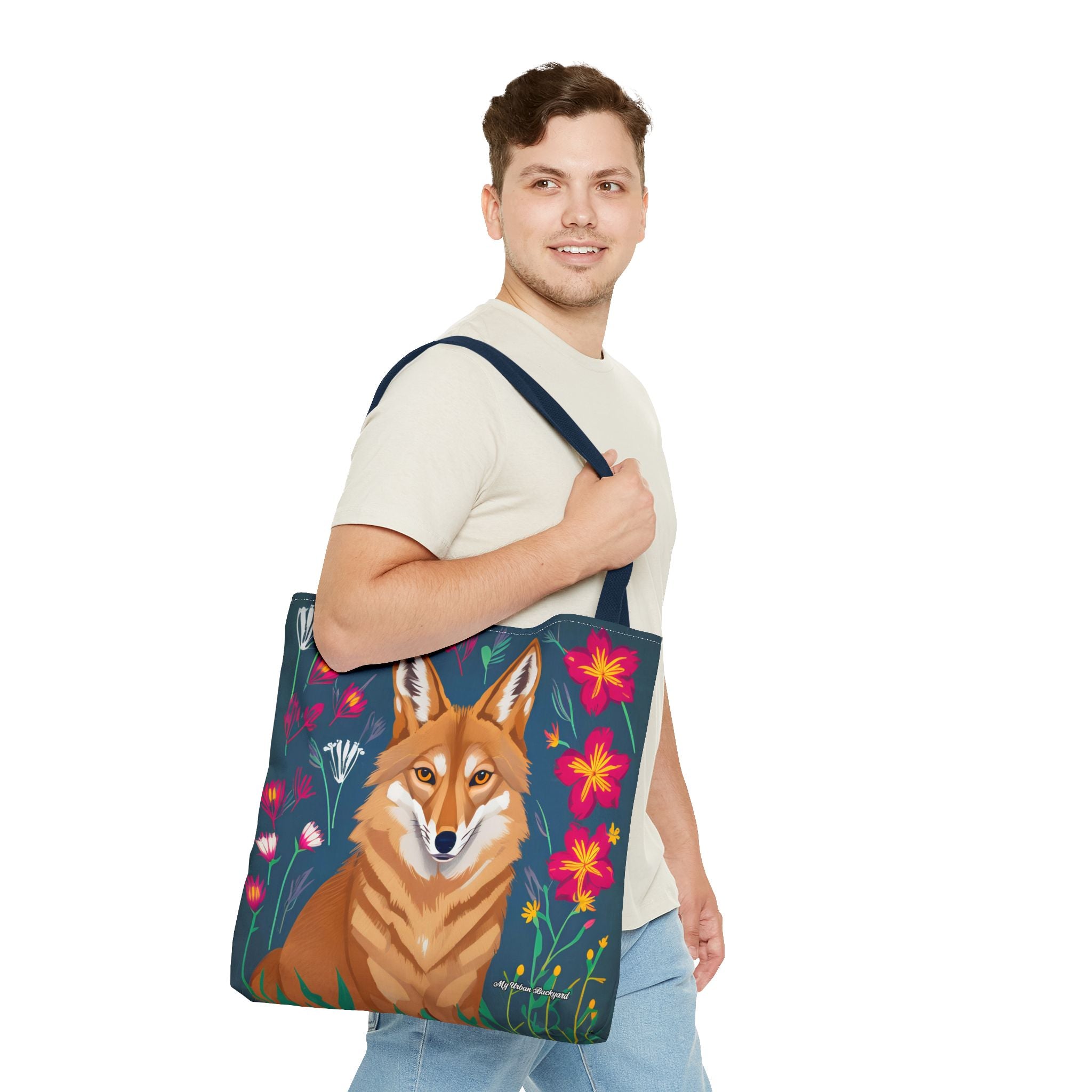 Coyote w Red Flowers Tote Bag with Cotton Handles For Everyday Use, 3 Sizes