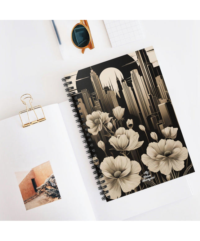 Urban Moon with Flowers, Spiral Notebook Writing Journal - 118 Ruled Pages